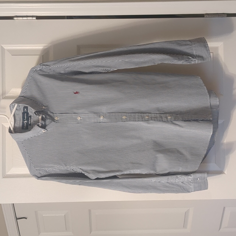 Ralph Lauren custom fit men's dress shirt. Navy and white striped. Size medium